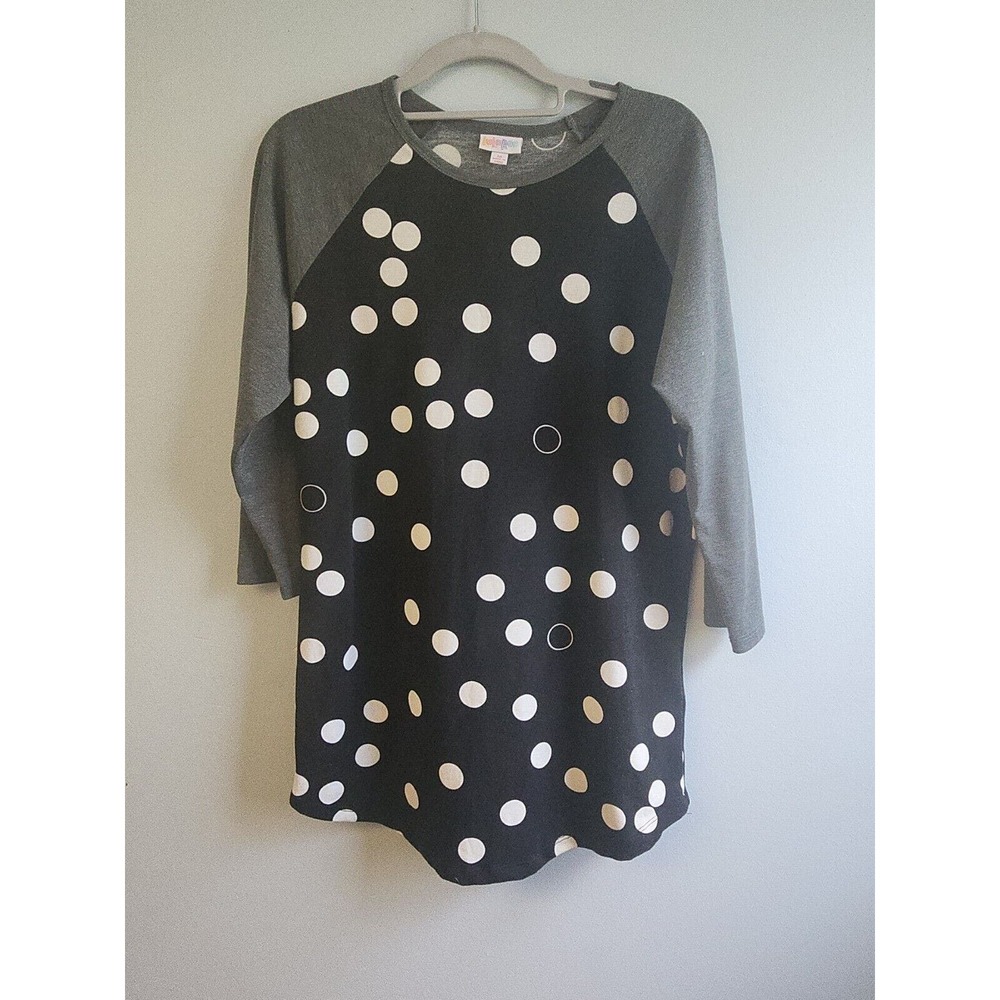 Lularoe Womens M Randy T-Shirt Polka Dot Gray 3/4‎ Sleeves Black White Body